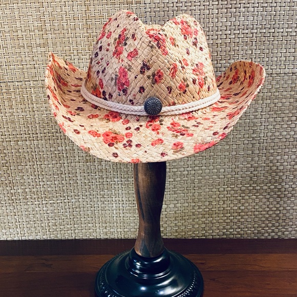 Pug Gear Accessories - 🌟HP🌟NWOT Western Straw Pink Floral Print Hat